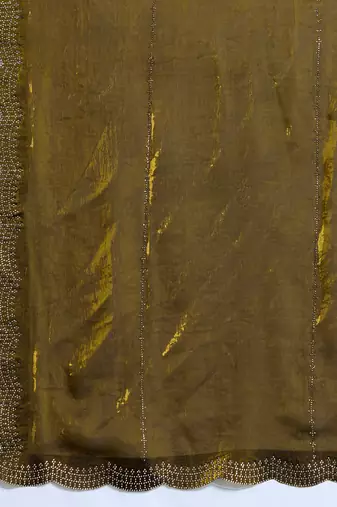 Gold silk blend satin embellished saree with unstitched blouse piece