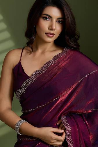 Wine silk satin embellished saree with unstitched blouse piece