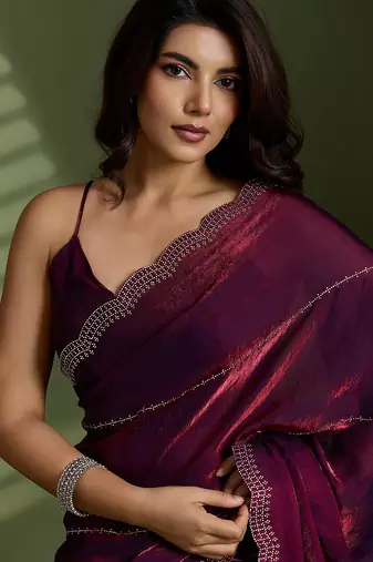 Wine silk satin embellished saree with unstitched blouse piece