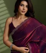 Wine silk blend satin embellished saree with unstitched blouse piece