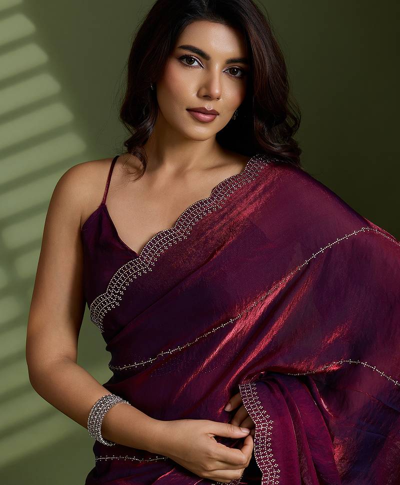 Wine silk satin embellished saree with unstitched blouse piece