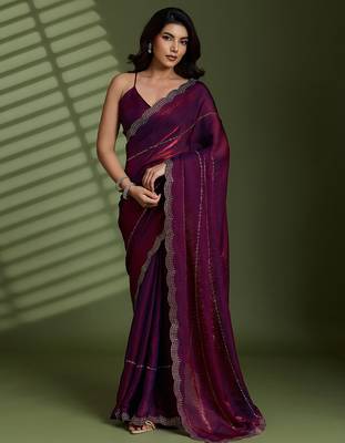Wine silk blend satin embellished saree with unstitched blouse piece 2