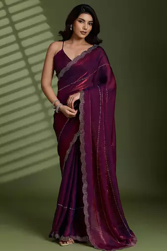 Wine silk blend satin embellished saree with unstitched blouse piece