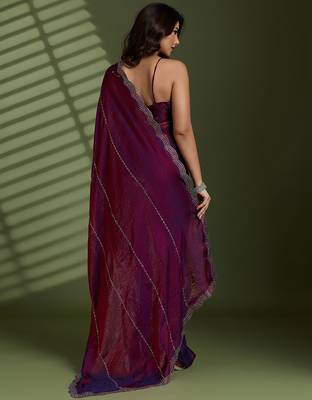 Wine silk blend satin embellished saree with unstitched blouse piece 3