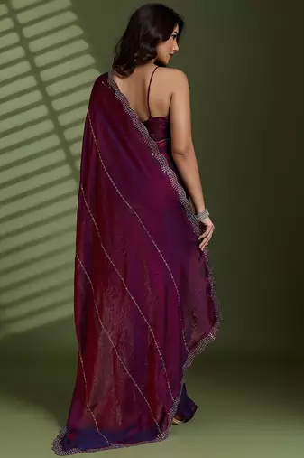 Wine silk blend satin embellished saree with unstitched blouse piece