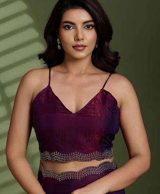 Wine silk blend satin embellished saree with unstitched blouse piece 4