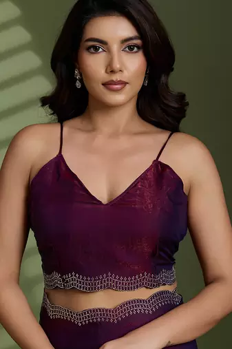 Wine silk blend satin embellished saree with unstitched blouse piece