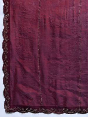 Wine silk blend satin embellished saree with unstitched blouse piece 5