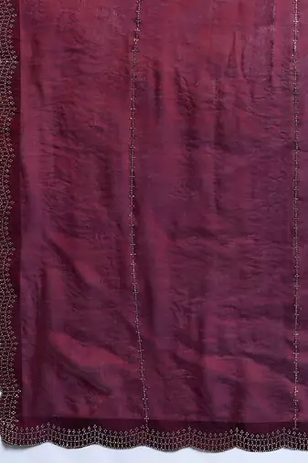 Wine silk blend satin embellished saree with unstitched blouse piece