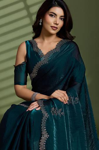 Dark green silk satin embellished saree with unstitched blouse piece