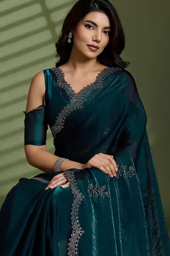 Dark green silk satin embellished saree with unstitched blouse piece