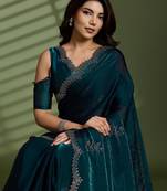 Dark green silk blend satin embellished saree with unstitched blouse piece