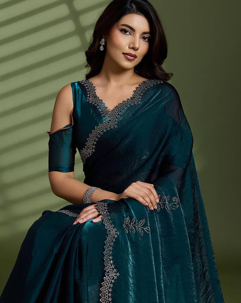 Dark green silk satin embellished saree with unstitched blouse piece