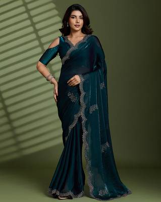 Dark green silk blend satin embellished saree with unstitched blouse piece 2