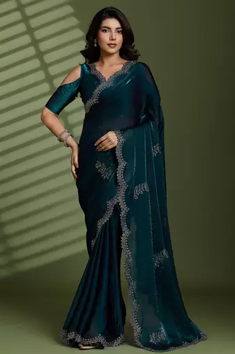 Dark green silk blend satin embellished saree with unstitched blouse piece