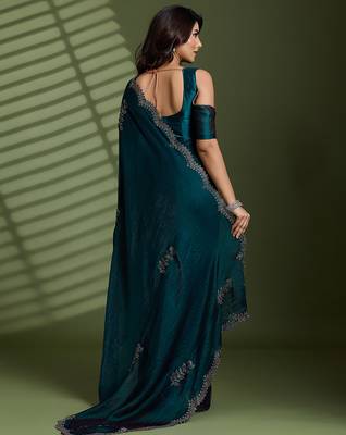 Dark green silk blend satin embellished saree with unstitched blouse piece 3