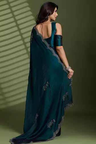 Dark green silk blend satin embellished saree with unstitched blouse piece