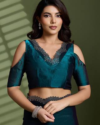 Dark green silk blend satin embellished saree with unstitched blouse piece 4