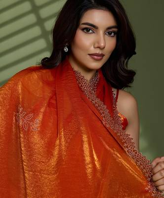 Rust silk blend satin embellished saree with unstitched blouse piece 1