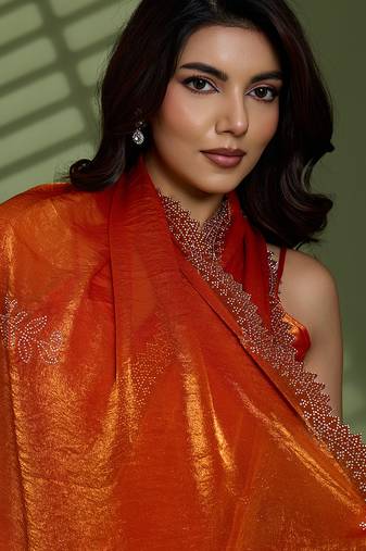 Rust silk satin embellished saree with unstitched blouse piece