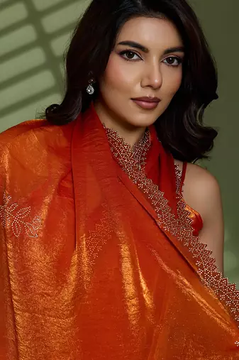 Rust silk satin embellished saree with unstitched blouse piece