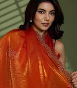 Rust silk satin embellished saree with unstitched blouse piece