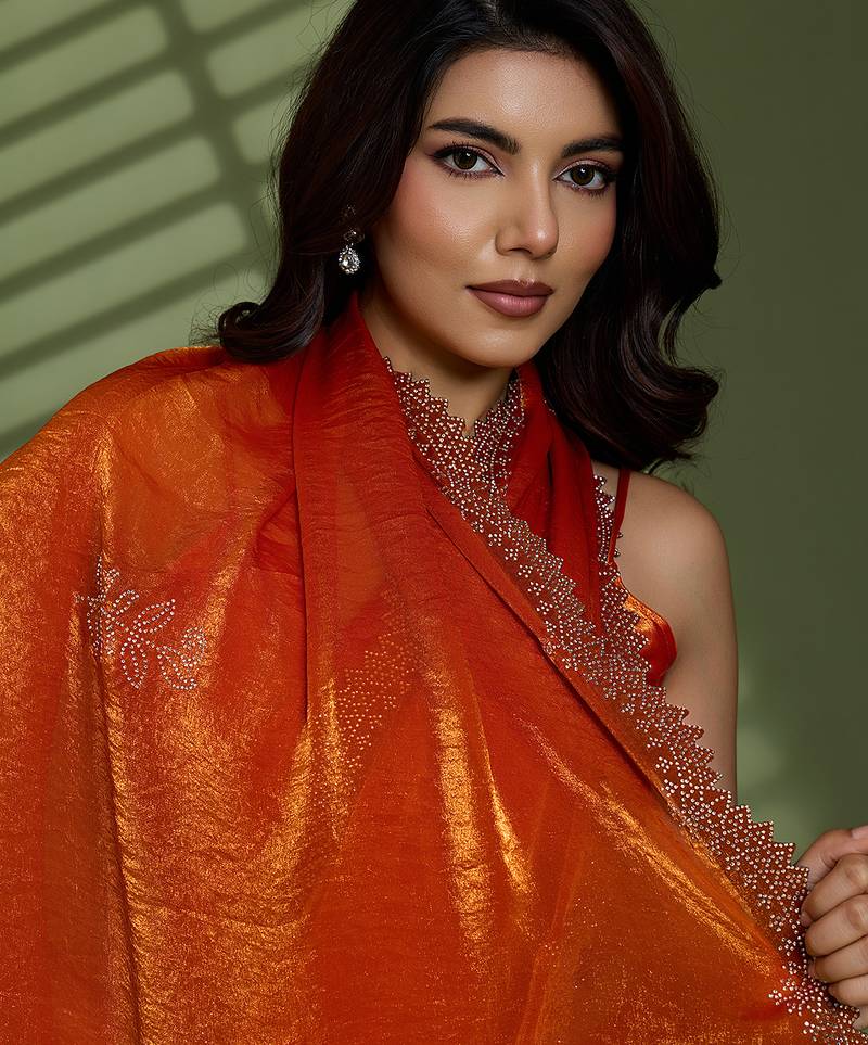 Rust silk satin embellished saree with unstitched blouse piece