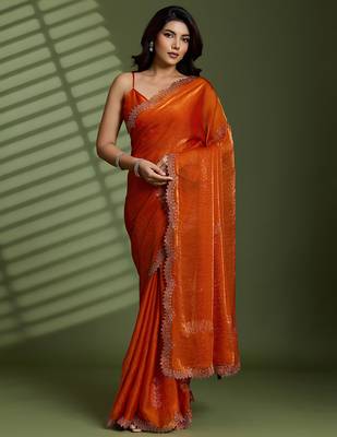 Rust silk blend satin embellished saree with unstitched blouse piece 2