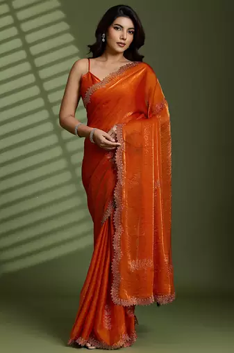 Rust silk blend satin embellished saree with unstitched blouse piece