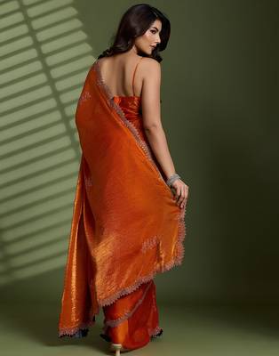 Rust silk blend satin embellished saree with unstitched blouse piece 3