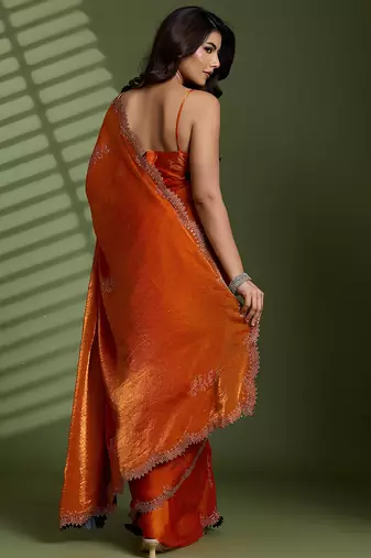 Rust silk blend satin embellished saree with unstitched blouse piece