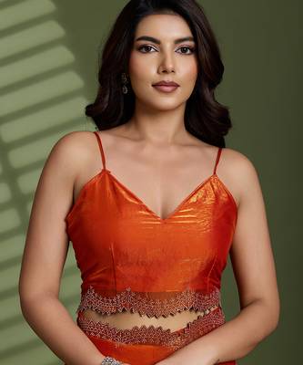 Rust silk blend satin embellished saree with unstitched blouse piece 4