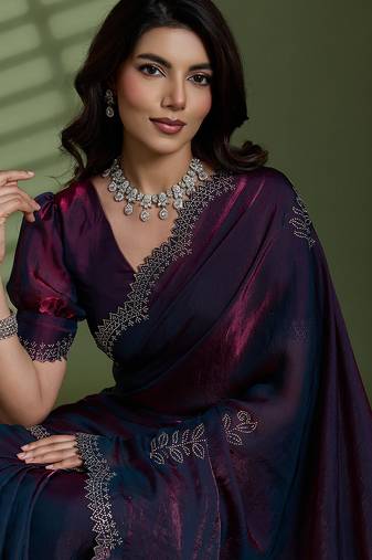 Wine silk satin embellished saree with unstitched blouse piece