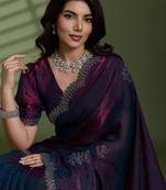 Wine silk blend satin embellished saree with unstitched blouse piece