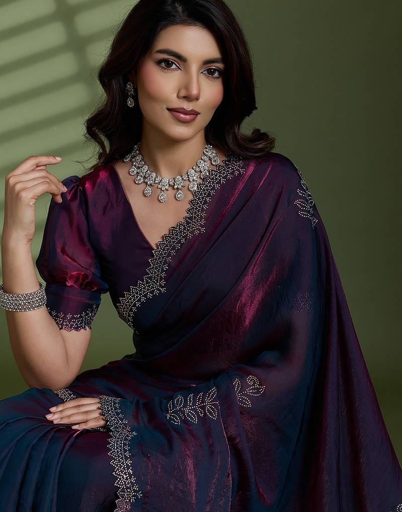 Wine silk satin embellished saree with unstitched blouse piece