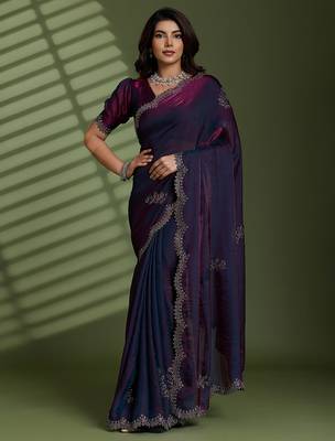 Wine silk blend satin embellished saree with unstitched blouse piece 2