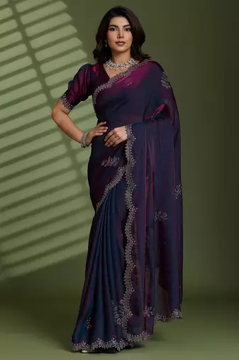Wine silk blend satin embellished saree with unstitched blouse piece