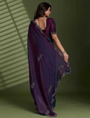 Wine silk blend satin embellished saree with unstitched blouse piece 3