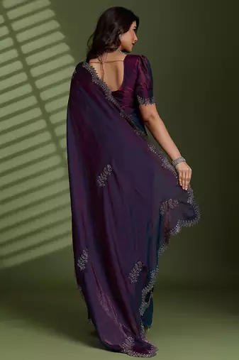 Wine silk blend satin embellished saree with unstitched blouse piece