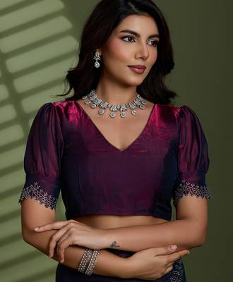 Wine silk blend satin embellished saree with unstitched blouse piece 4