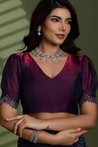 Wine silk blend satin embellished saree with unstitched blouse piece
