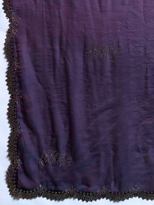 Wine silk blend satin embellished saree with unstitched blouse piece 5