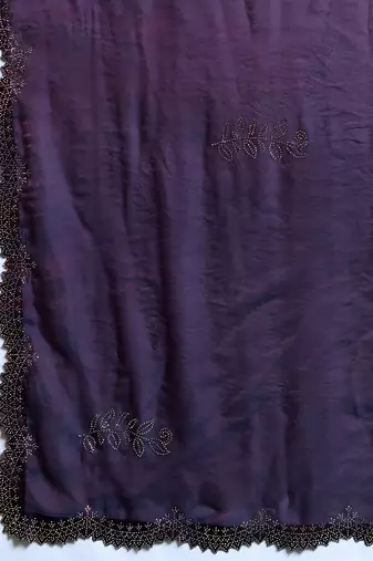 Wine silk blend satin embellished saree with unstitched blouse piece