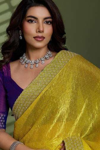 Neon silk chiffon embellished saree with unstitched blouse piece