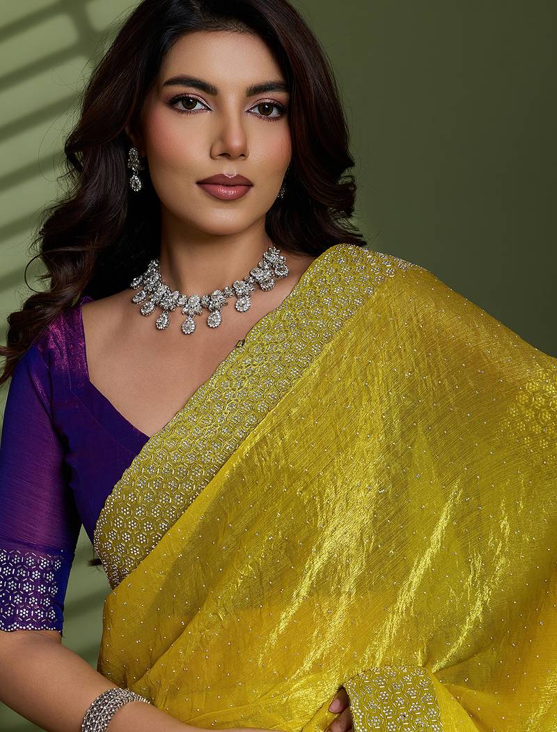 Neon silk chiffon embellished saree with unstitched blouse piece