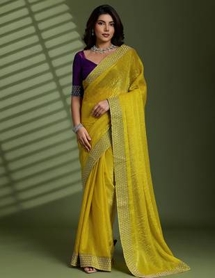 Neon silk blend chiffon embellished saree with unstitched blouse piece 2