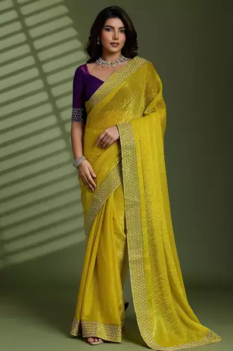 Neon silk blend chiffon embellished saree with unstitched blouse piece