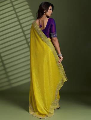 Neon silk blend chiffon embellished saree with unstitched blouse piece 3