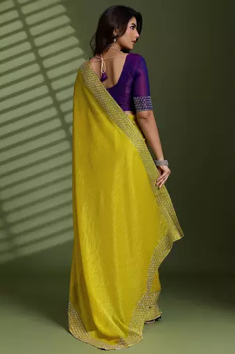 Neon silk blend chiffon embellished saree with unstitched blouse piece