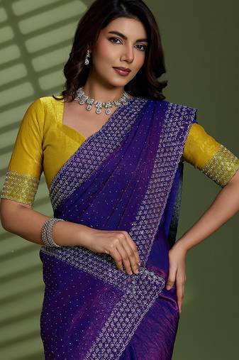 Purple silk chiffon embellished saree with unstitched blouse piece